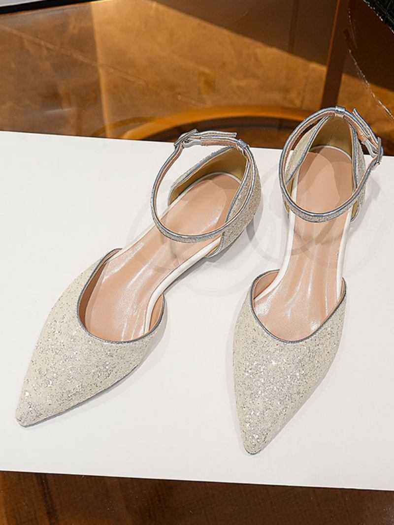 Sapatos Noiva Femininos Com Glitter Prateado Bico Fino Baixos Para Festa Casamento - Branco