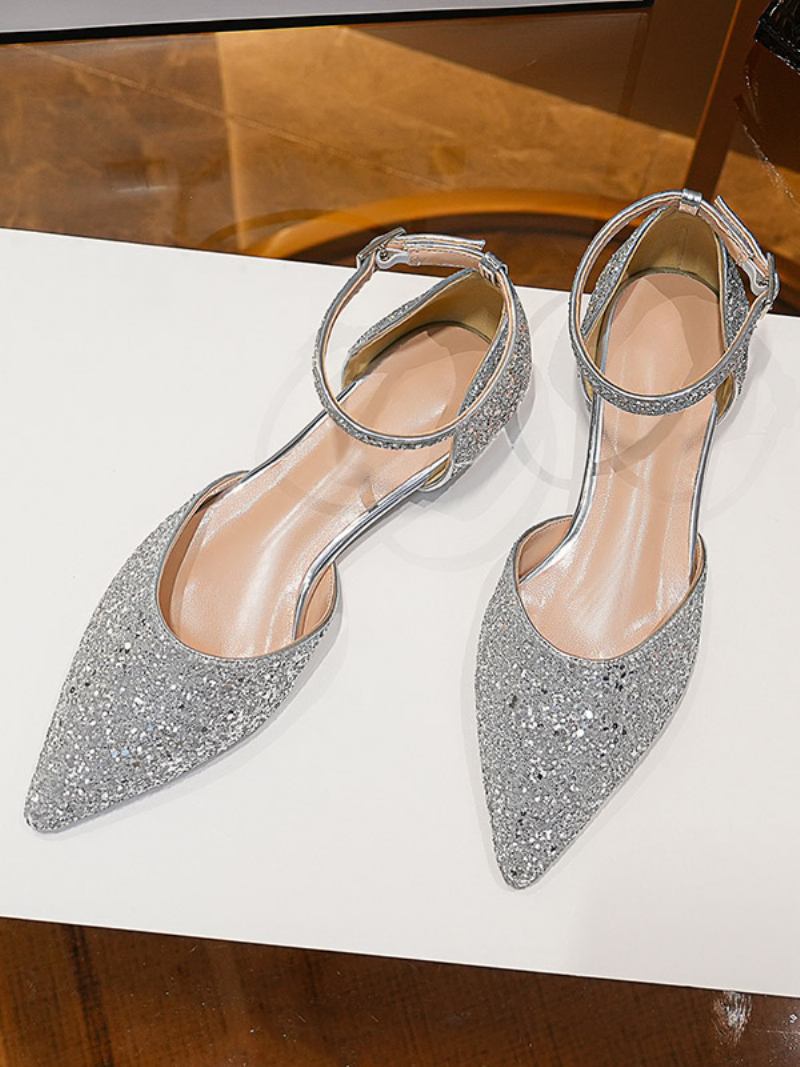 Sapatos Noiva Femininos Com Glitter Prateado Bico Fino Baixos Para Festa Casamento - Prata