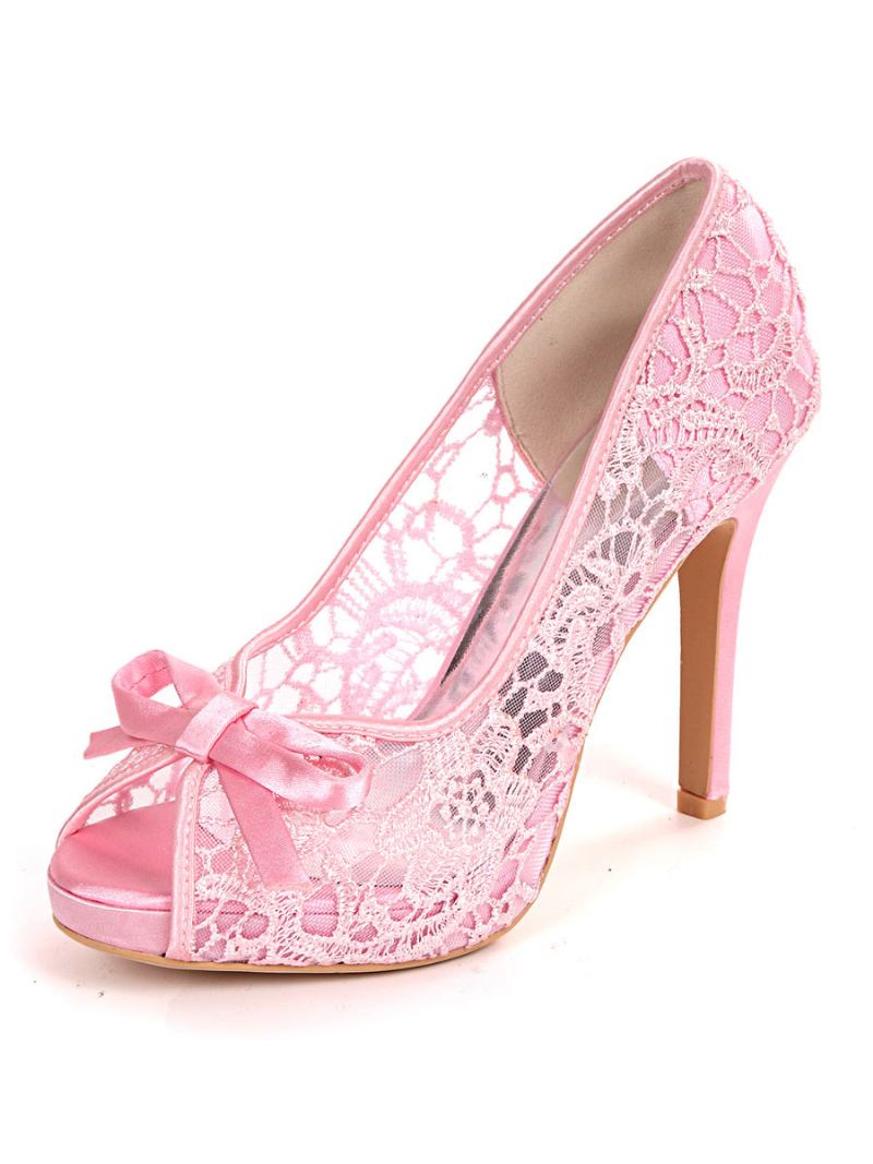 Sapatos Noiva Femininos Com Laço Renda E Salto Agulha Peep Toe - Rosa