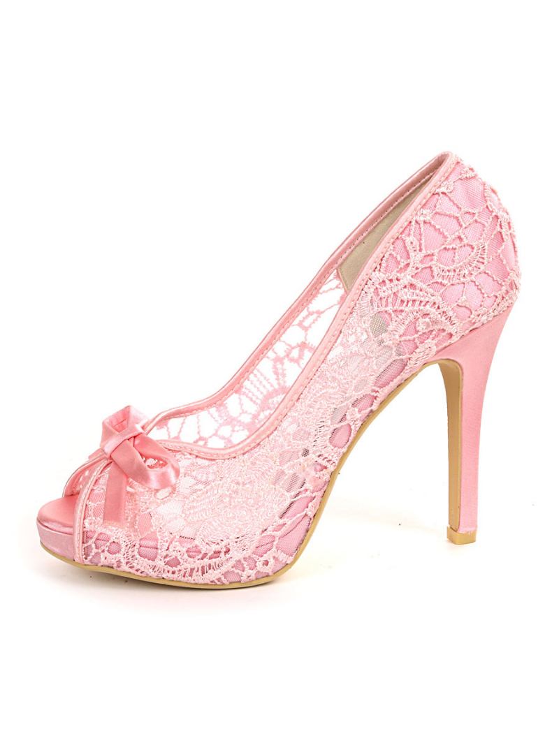 Sapatos Noiva Femininos Com Laço Renda E Salto Agulha Peep Toe - Rosa