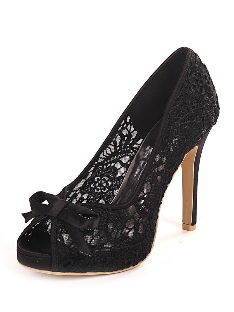 Sapatos Noiva Femininos Com Laço Renda E Salto Agulha Peep Toe - Preto