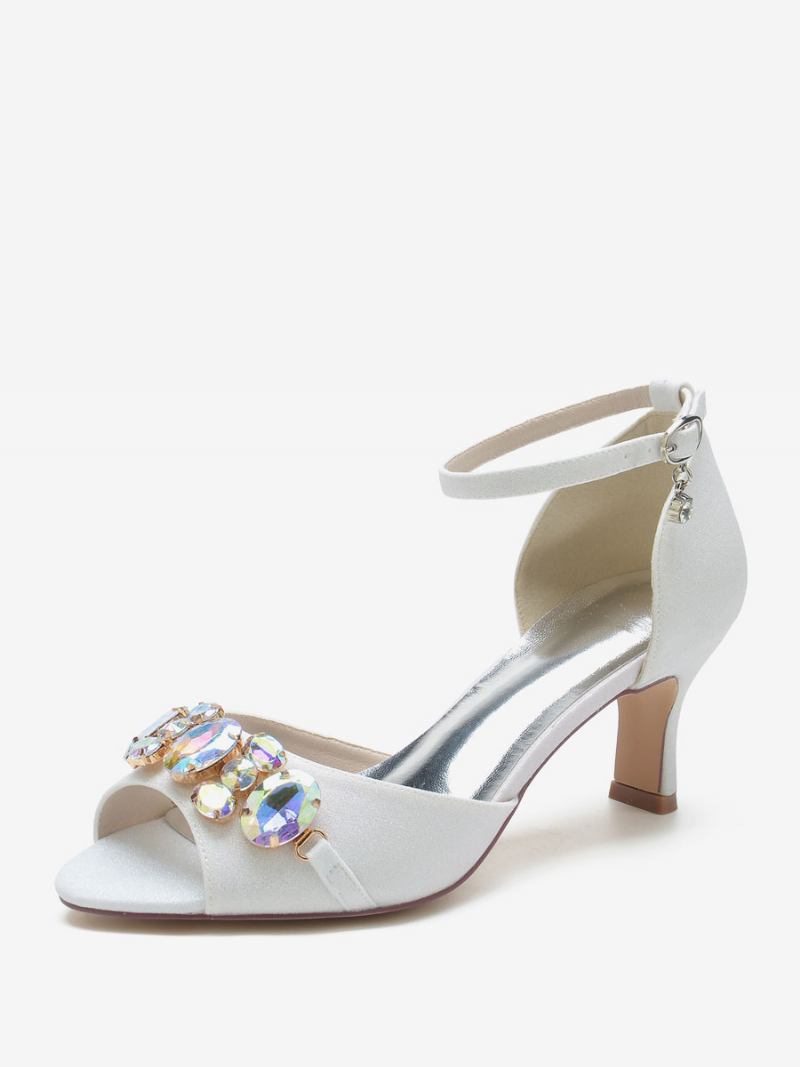 Sapatos Noiva Femininos Com Lantejoulas Peep Toe Strass Casamento Salto Grosso - Branco