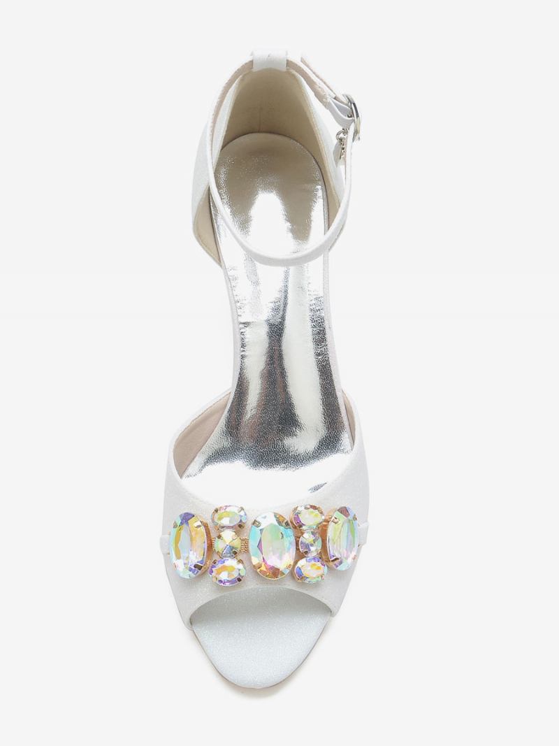 Sapatos Noiva Femininos Com Lantejoulas Peep Toe Strass Casamento Salto Grosso - Branco