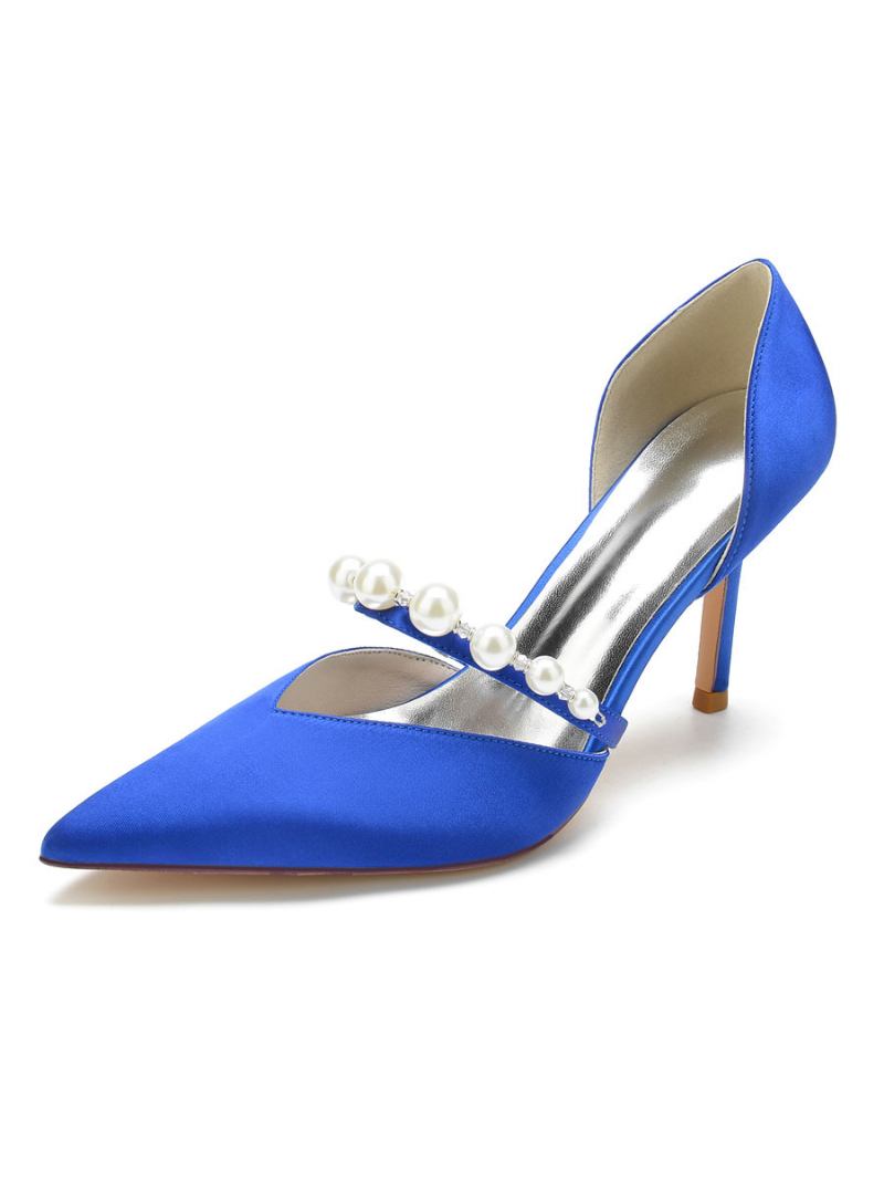 Sapatos Noiva Femininos Com Pérolas E Salto Agulha Em Cetim - Azul Royal