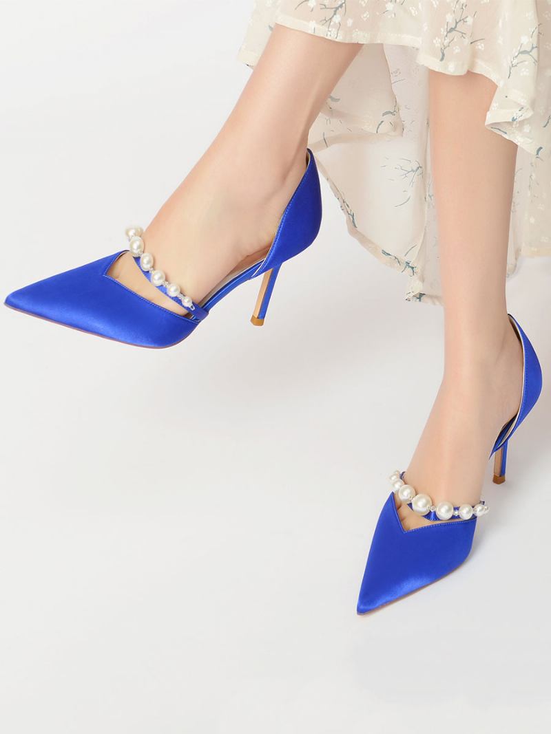 Sapatos Noiva Femininos Com Pérolas E Salto Agulha Em Cetim - Azul Royal