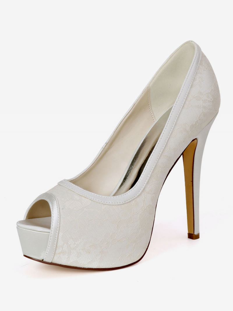 Sapatos Noiva Femininos Com Plataforma Peep Toe Bordados Para Casamento - Marfim