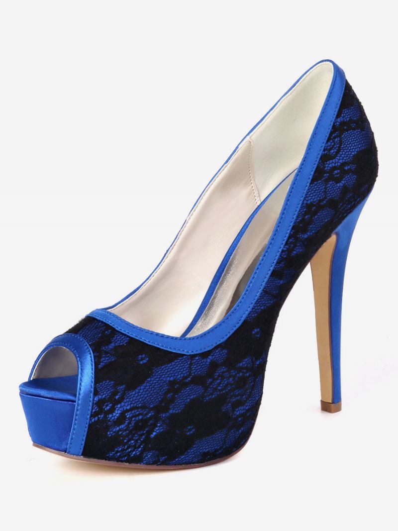 Sapatos Noiva Femininos Com Plataforma Peep Toe Bordados Para Casamento - Azul Royal