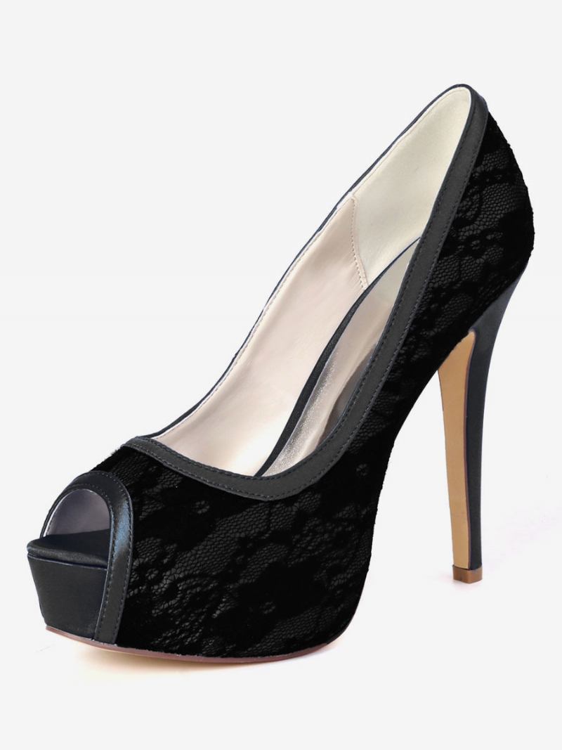 Sapatos Noiva Femininos Com Plataforma Peep Toe Bordados Para Casamento - Preto