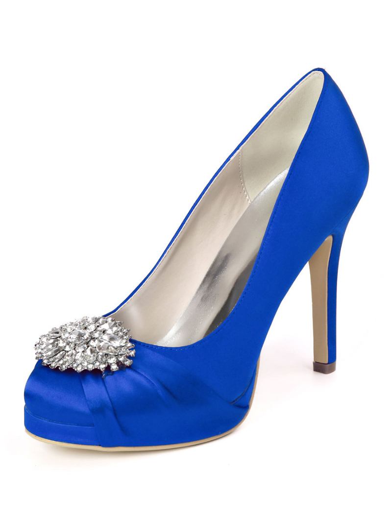 Sapatos Noiva Femininos Com Plataforma Strass E Bombas Salto Alto Em Cetim - Azul Royal