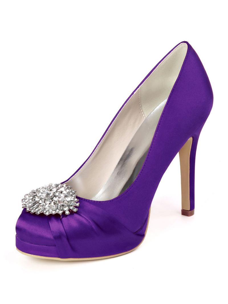 Sapatos Noiva Femininos Com Plataforma Strass E Bombas Salto Alto Em Cetim - Roxo Profundo