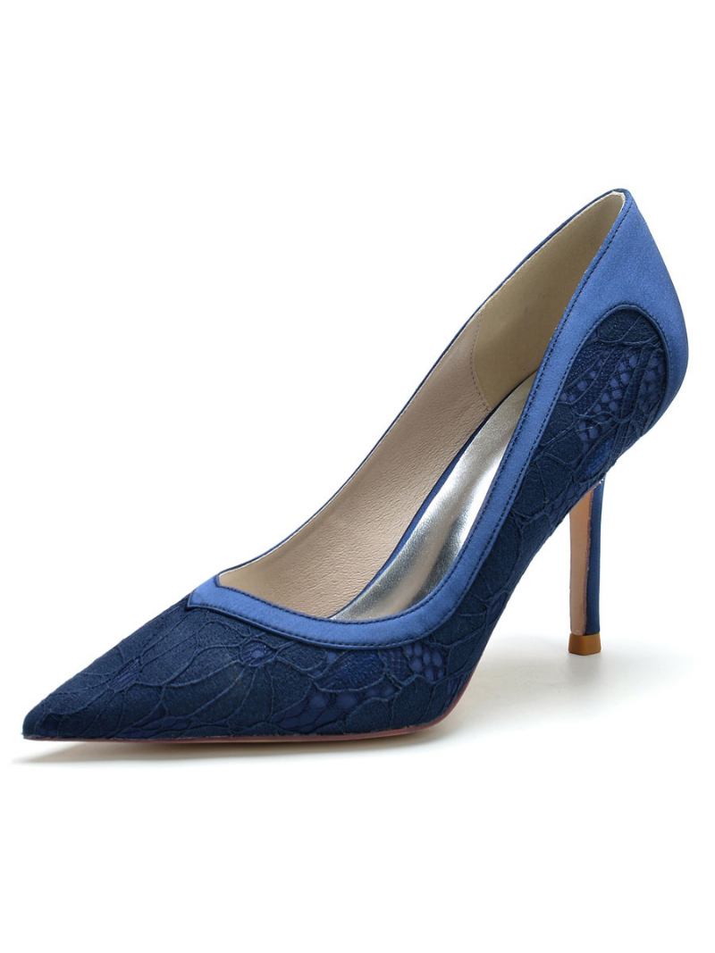 Sapatos Noiva Femininos Com Salto Agulha E Renda - Azul Profundo