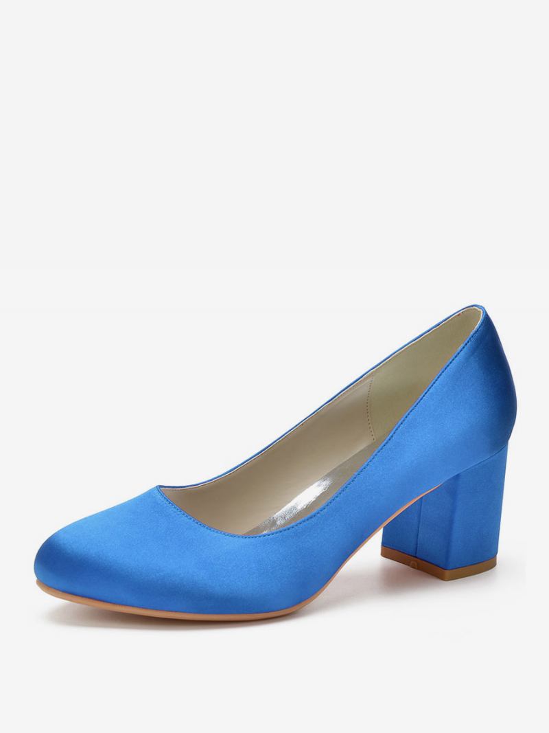 Sapatos Noiva Femininos Com Salto Bloco E Bico Redondo - Azul