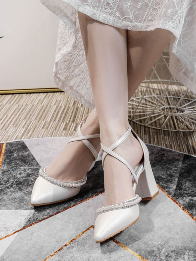 Sapatos Noiva Femininos Com Salto Grosso E Pérolas - Branco