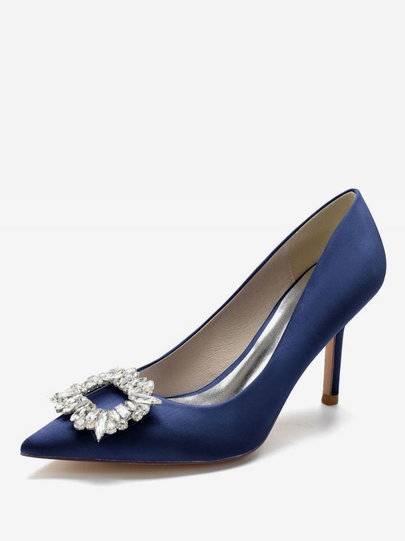 Sapatos Noiva Femininos Com Salto Strass Em Cetim - Azul Profundo