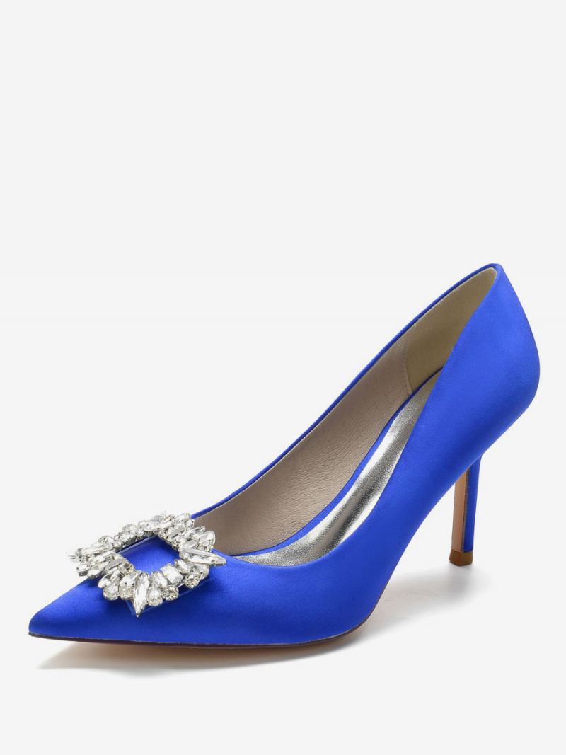 Sapatos Noiva Femininos Com Salto Strass Em Cetim - Azul Royal