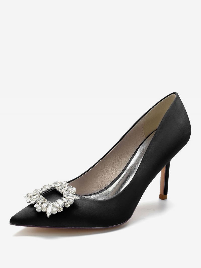 Sapatos Noiva Femininos Com Salto Strass Em Cetim - Preto