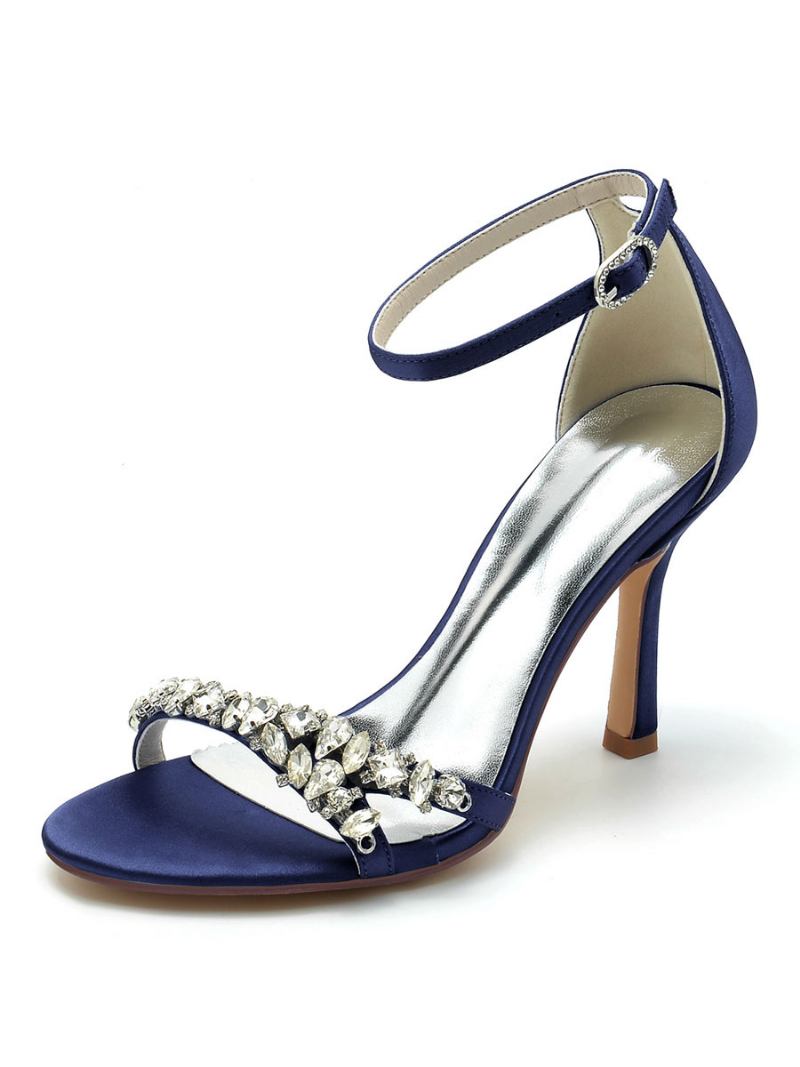 Sapatos Noiva Femininos Com Strass Bico Aberto Salto Agulha - Azul Profundo