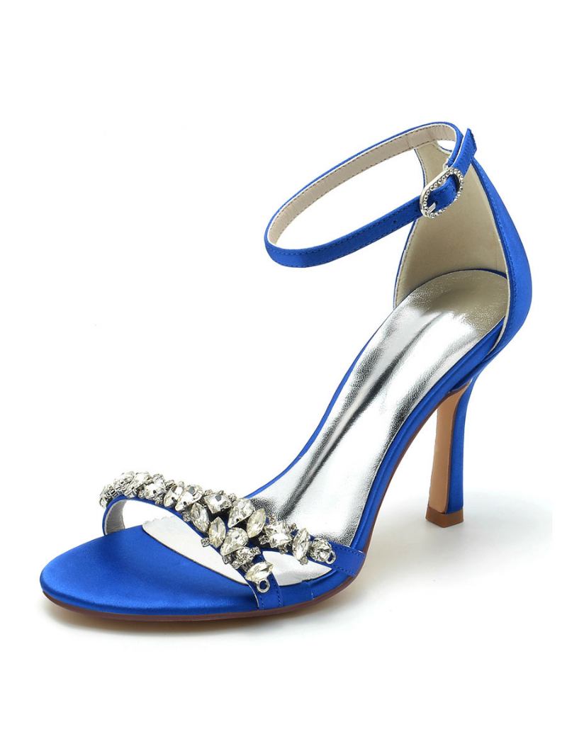 Sapatos Noiva Femininos Com Strass Bico Aberto Salto Agulha - Azul Royal