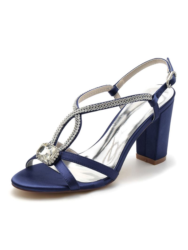 Sapatos Noiva Femininos Com Strass Bico Aberto Salto Grosso - Azul Profundo