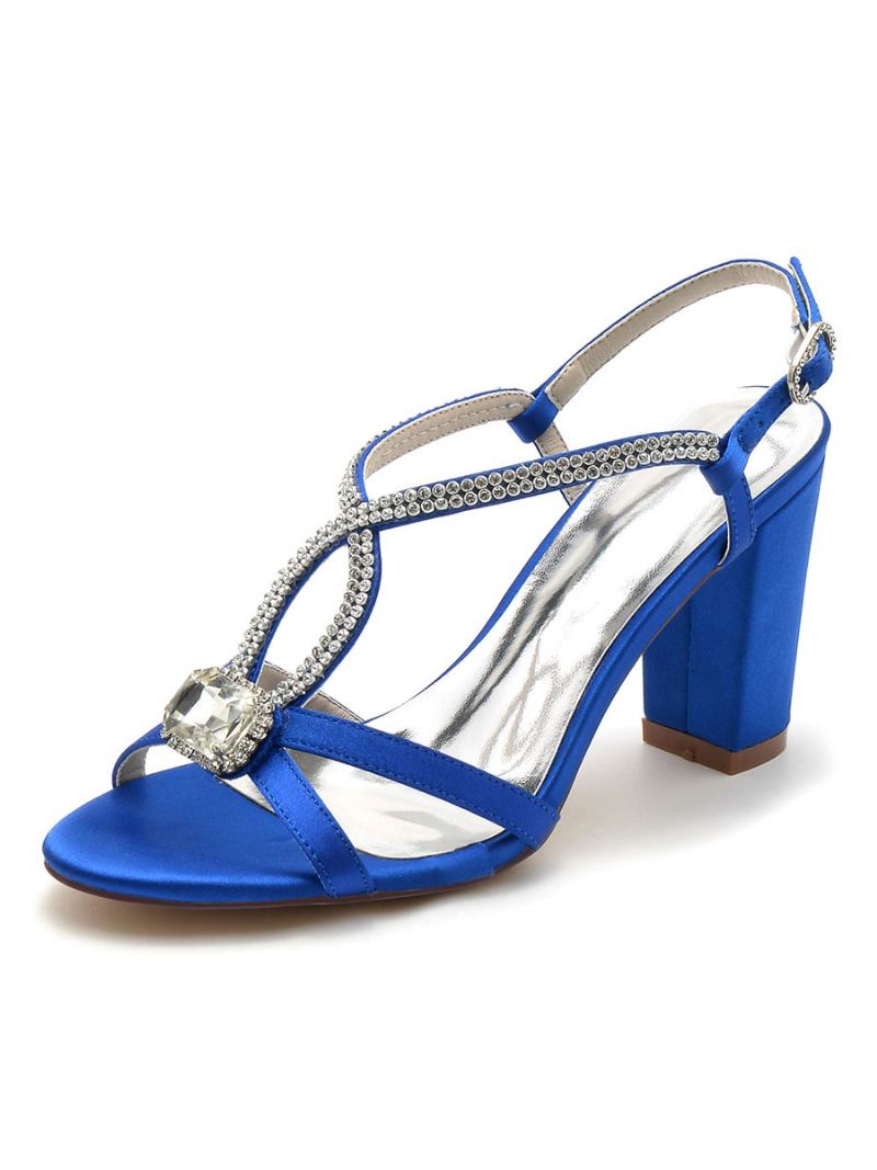 Sapatos Noiva Femininos Com Strass Bico Aberto Salto Grosso - Azul Royal