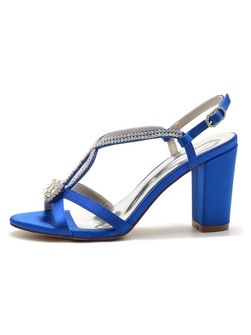 Sapatos Noiva Femininos Com Strass Bico Aberto Salto Grosso - Azul Royal