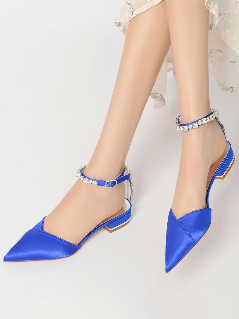 Sapatos Noiva Femininos Com Strass Cetim Bico Fino Planos - Azul Royal