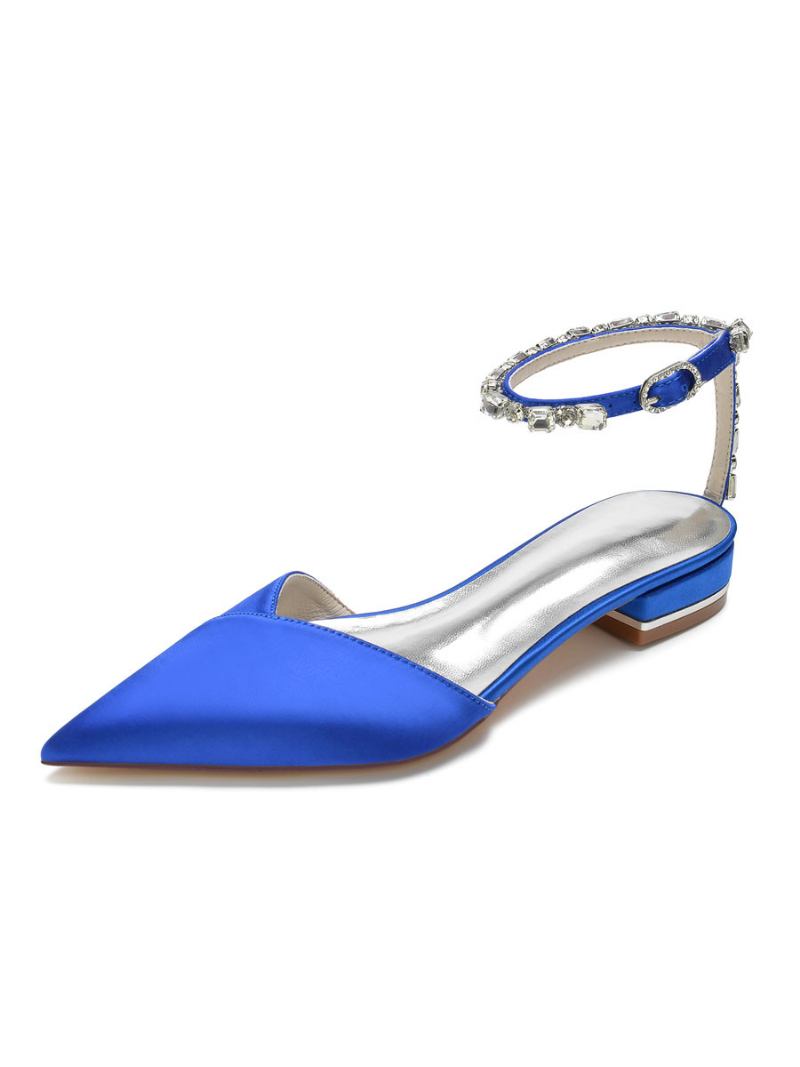 Sapatos Noiva Femininos Com Strass Cetim Bico Fino Planos - Azul Royal