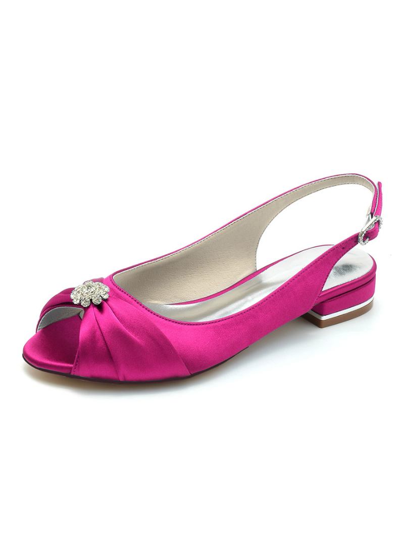 Sapatos Noiva Femininos Com Strass Cetim Peep Toe Planos - Rosa