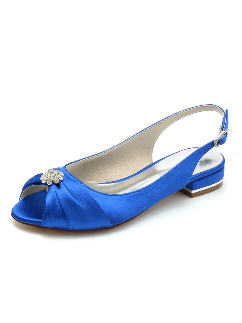 Sapatos Noiva Femininos Com Strass Cetim Peep Toe Planos - Azul Royal