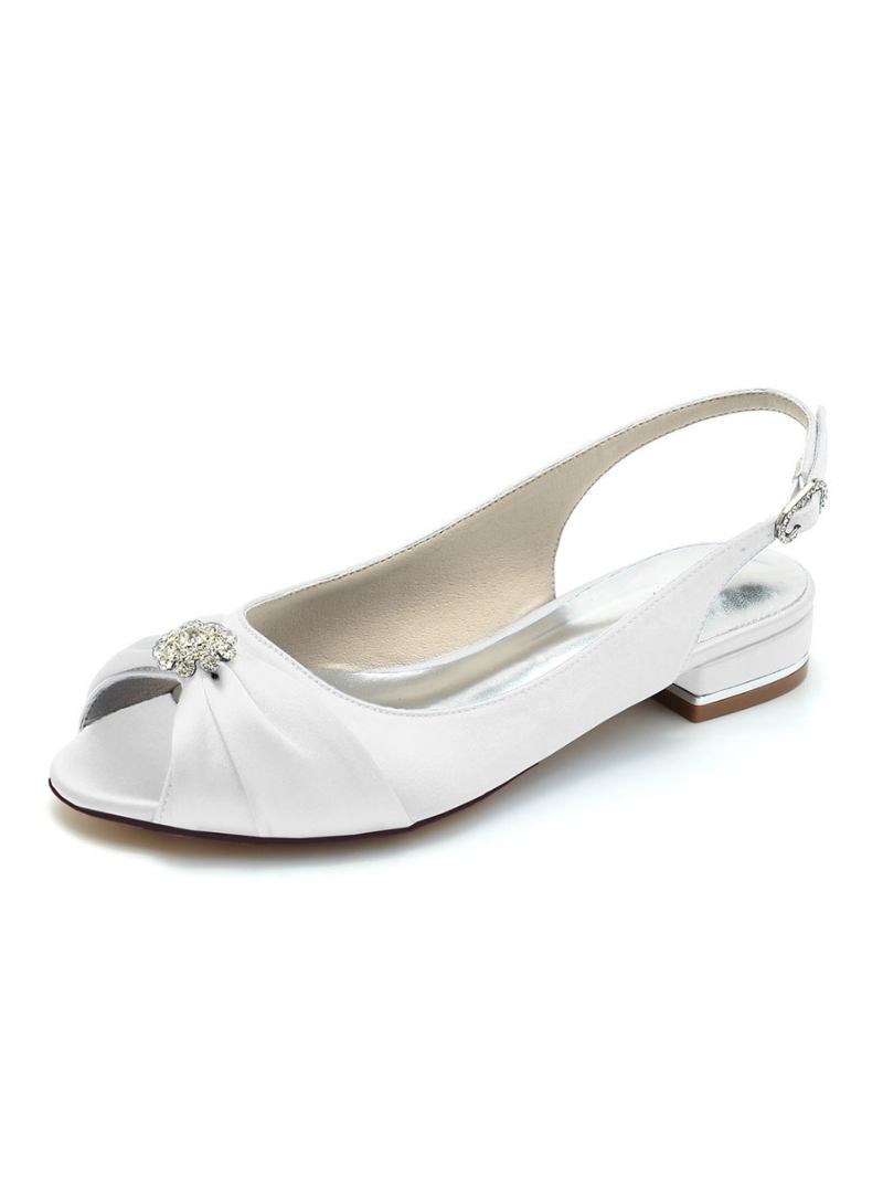 Sapatos Noiva Femininos Com Strass Cetim Peep Toe Planos - Branco