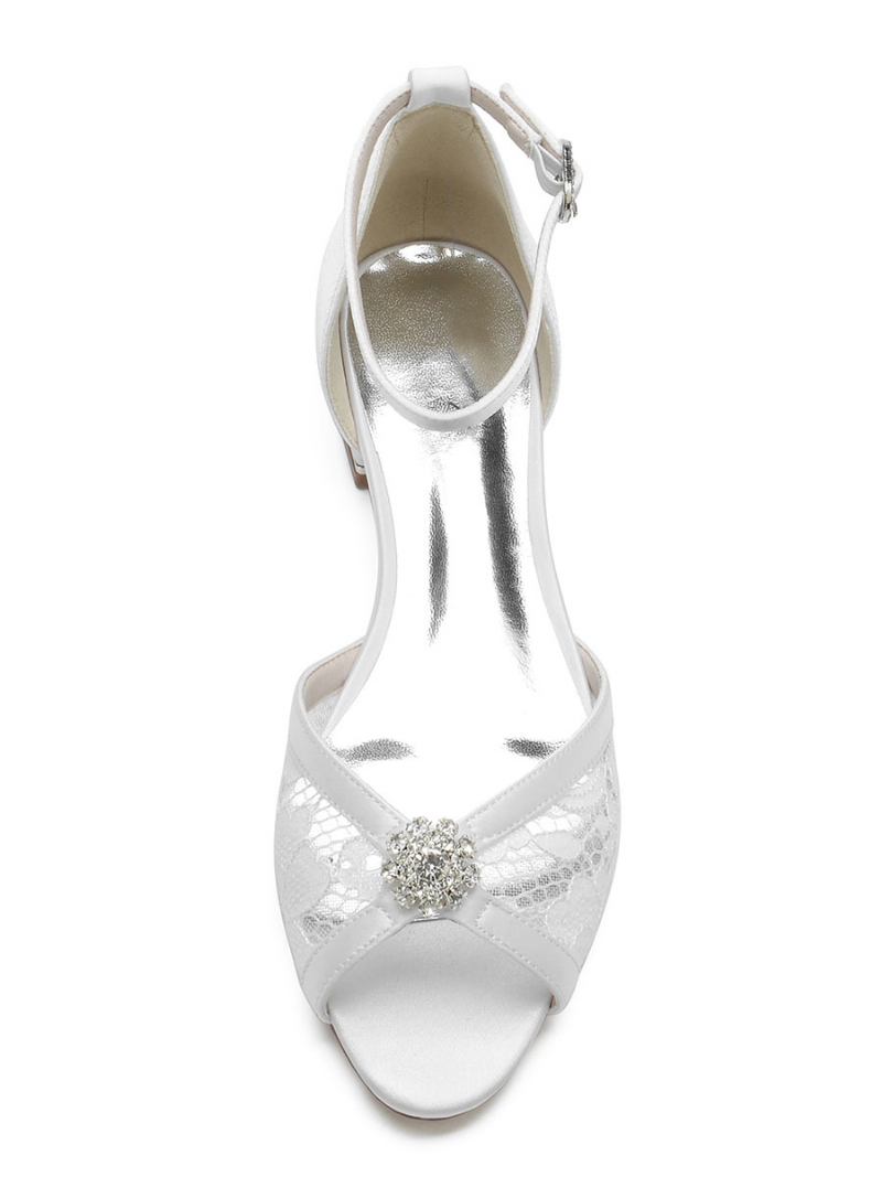 Sapatos Noiva Femininos Com Strass E Renda Peep Toe Tira No Tornozelo - Branco