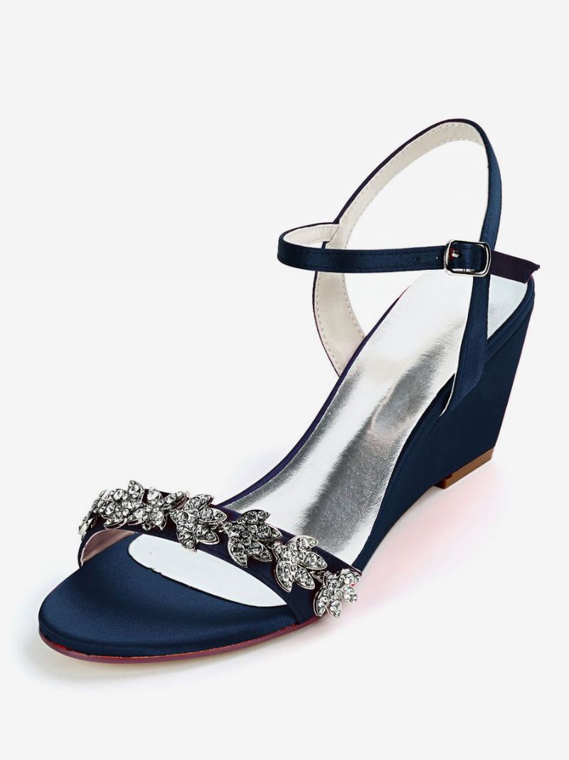 Sapatos Noiva Femininos Com Strass E Sandálias Cunha - Azul Profundo