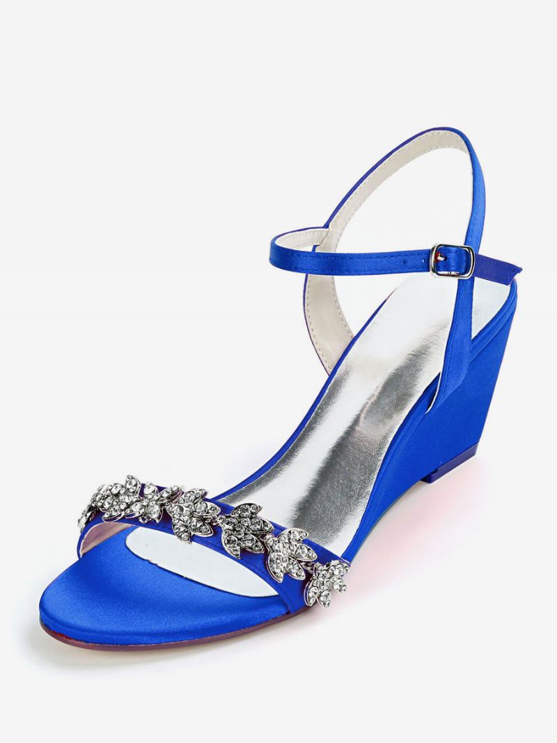 Sapatos Noiva Femininos Com Strass E Sandálias Cunha - Azul Royal