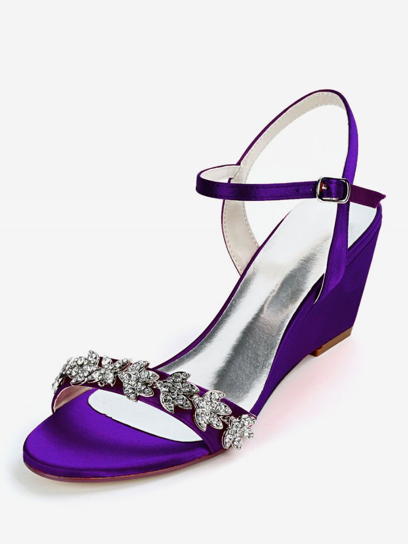 Sapatos Noiva Femininos Com Strass E Sandálias Cunha - Roxo Profundo