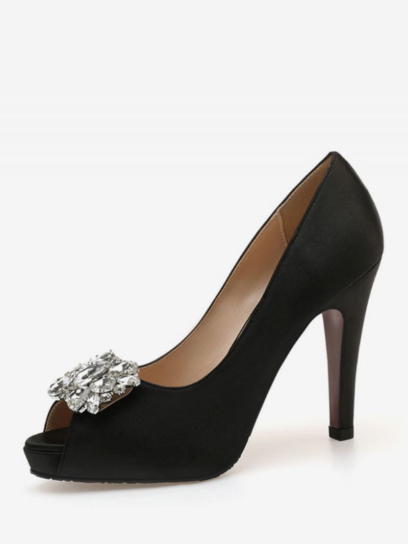 Sapatos Noiva Femininos Com Strass Peep Toe E Bombas Salto Alto - Preto