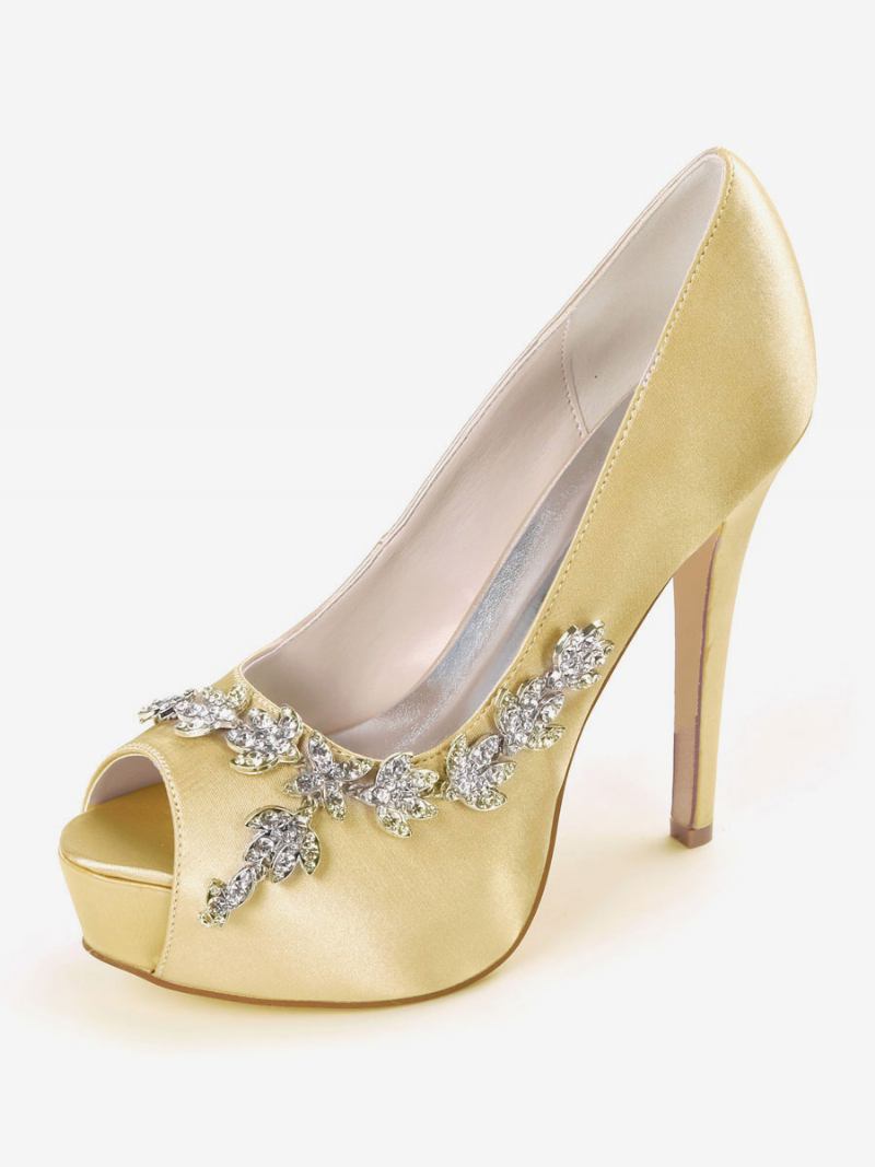 Sapatos Noiva Femininos Com Strass Peep Toe E Salto Agulha - Ouro