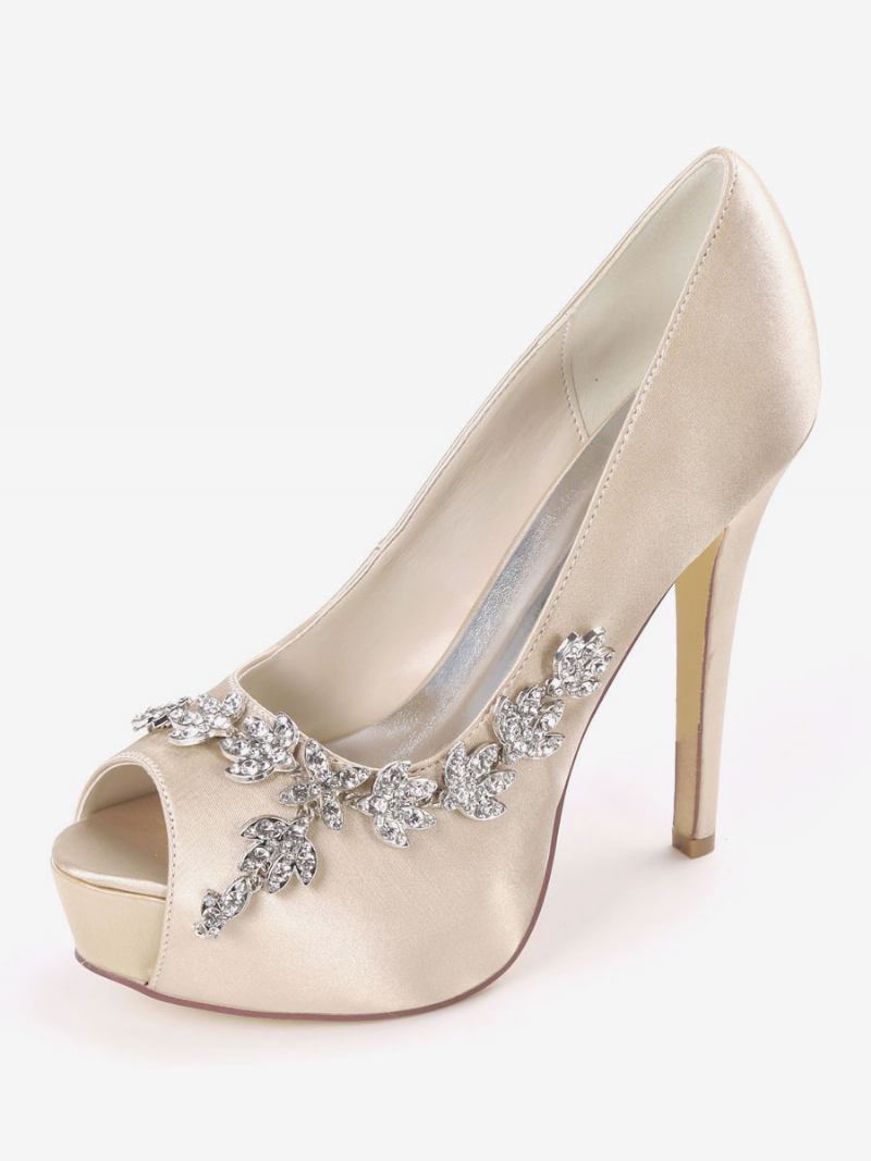 Sapatos Noiva Femininos Com Strass Peep Toe E Salto Agulha - Champanhe