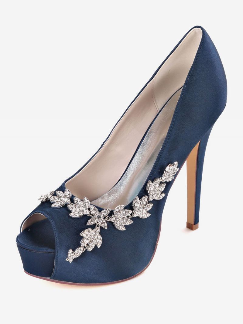 Sapatos Noiva Femininos Com Strass Peep Toe E Salto Agulha - Azul Profundo