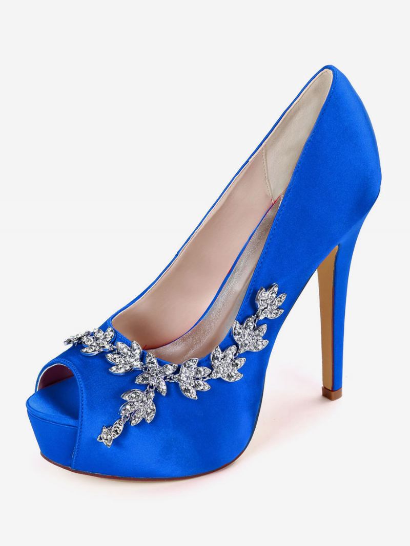 Sapatos Noiva Femininos Com Strass Peep Toe E Salto Agulha - Azul Royal