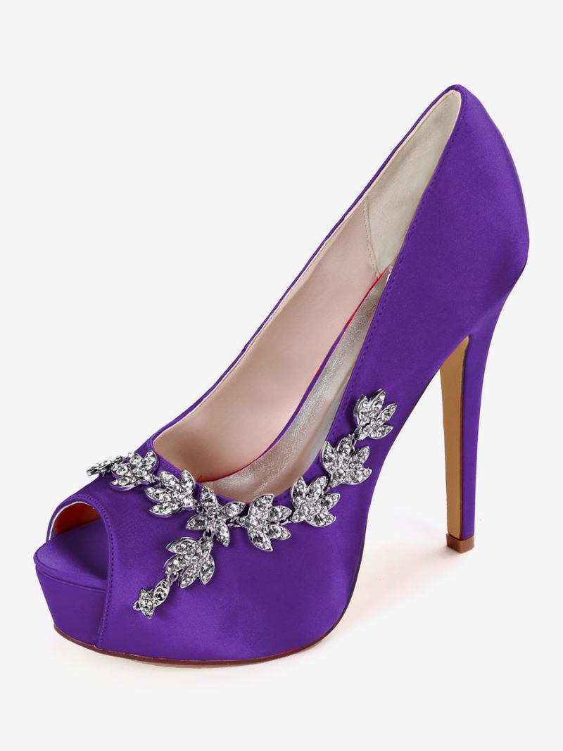 Sapatos Noiva Femininos Com Strass Peep Toe E Salto Agulha - Roxo Profundo