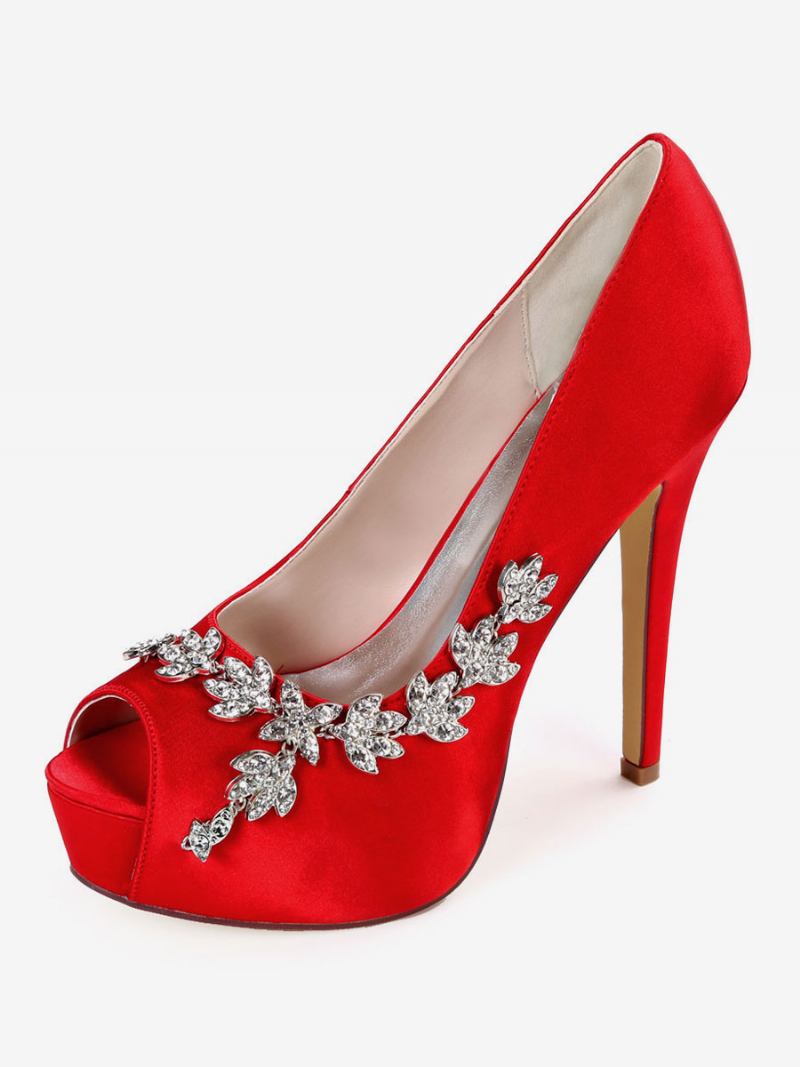 Sapatos Noiva Femininos Com Strass Peep Toe E Salto Agulha - Vermelho Turo