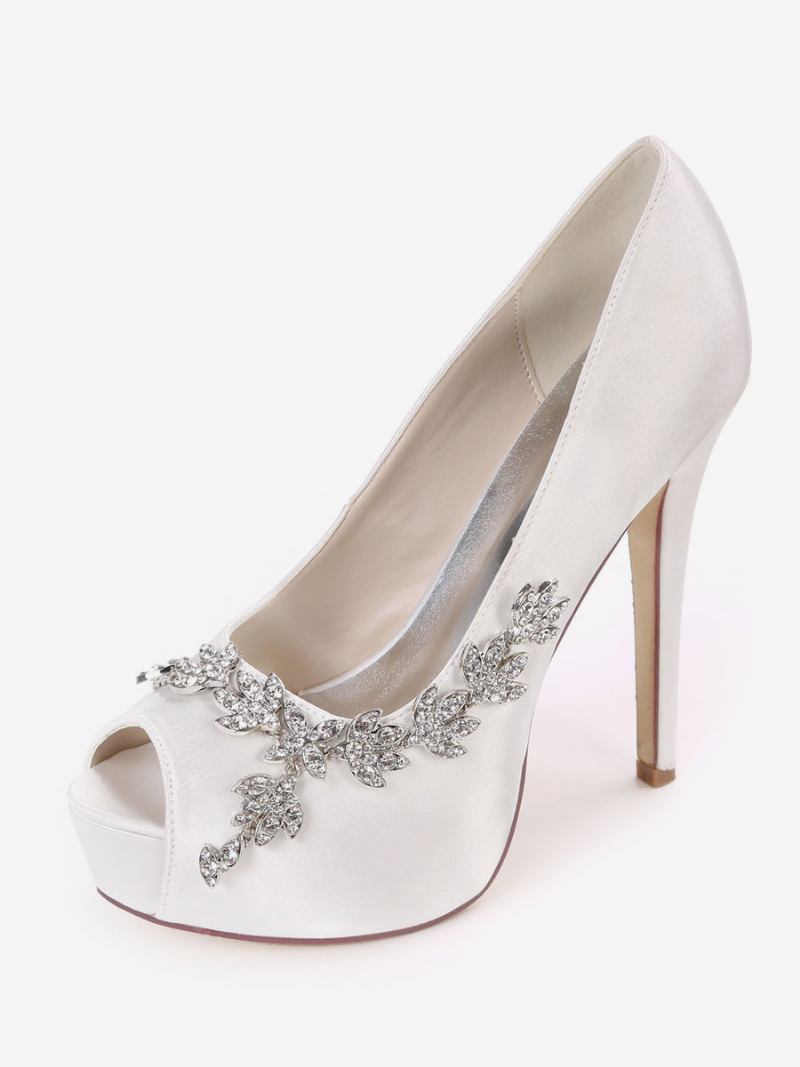 Sapatos Noiva Femininos Com Strass Peep Toe E Salto Agulha - Branco