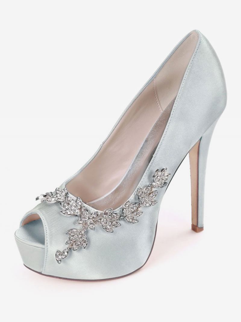 Sapatos Noiva Femininos Com Strass Peep Toe E Salto Agulha - Prata