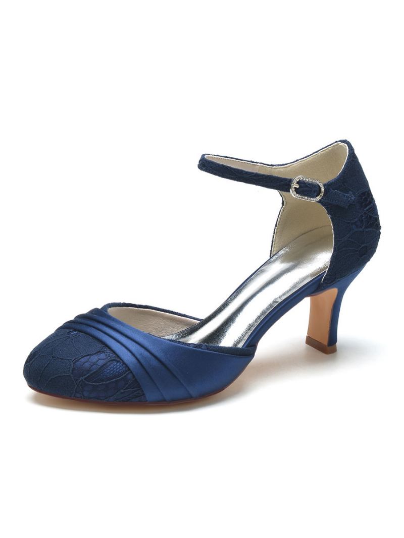 Sapatos Noiva Femininos Com Strass Renda Bico Redondo Salto Grosso - Azul Profundo