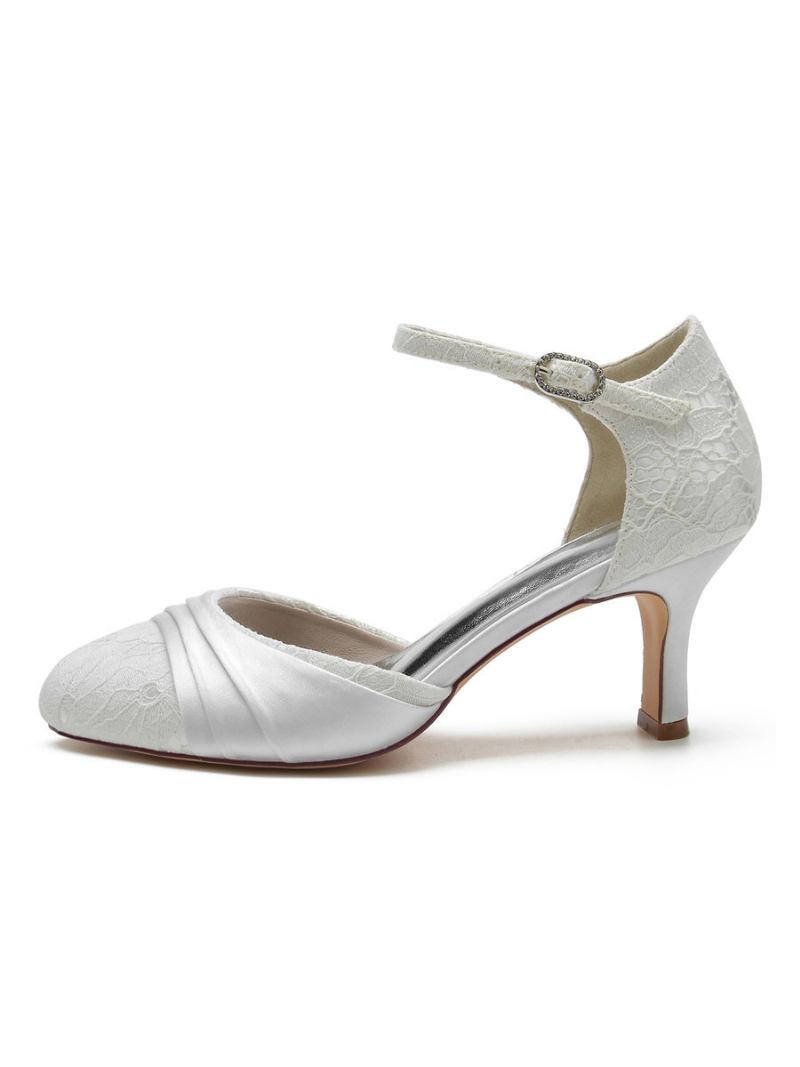 Sapatos Noiva Femininos Com Strass Renda Bico Redondo Salto Grosso - Branco