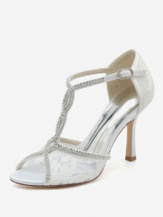 Sapatos Noiva Femininos Com Strass Renda Peep Toe Salto Agulha