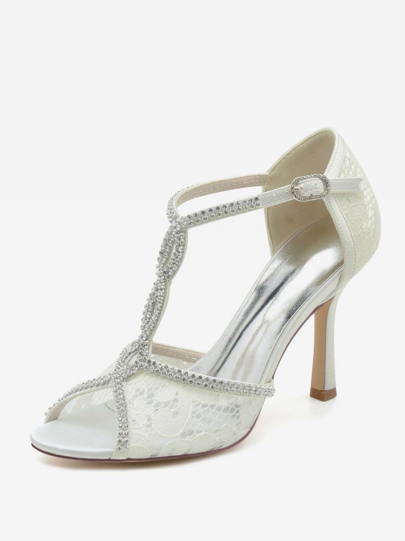 Sapatos Noiva Femininos Com Strass Renda Peep Toe Salto Agulha - Marfim