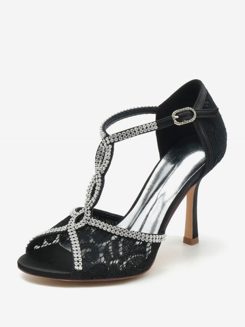 Sapatos Noiva Femininos Com Strass Renda Peep Toe Salto Agulha - Preto