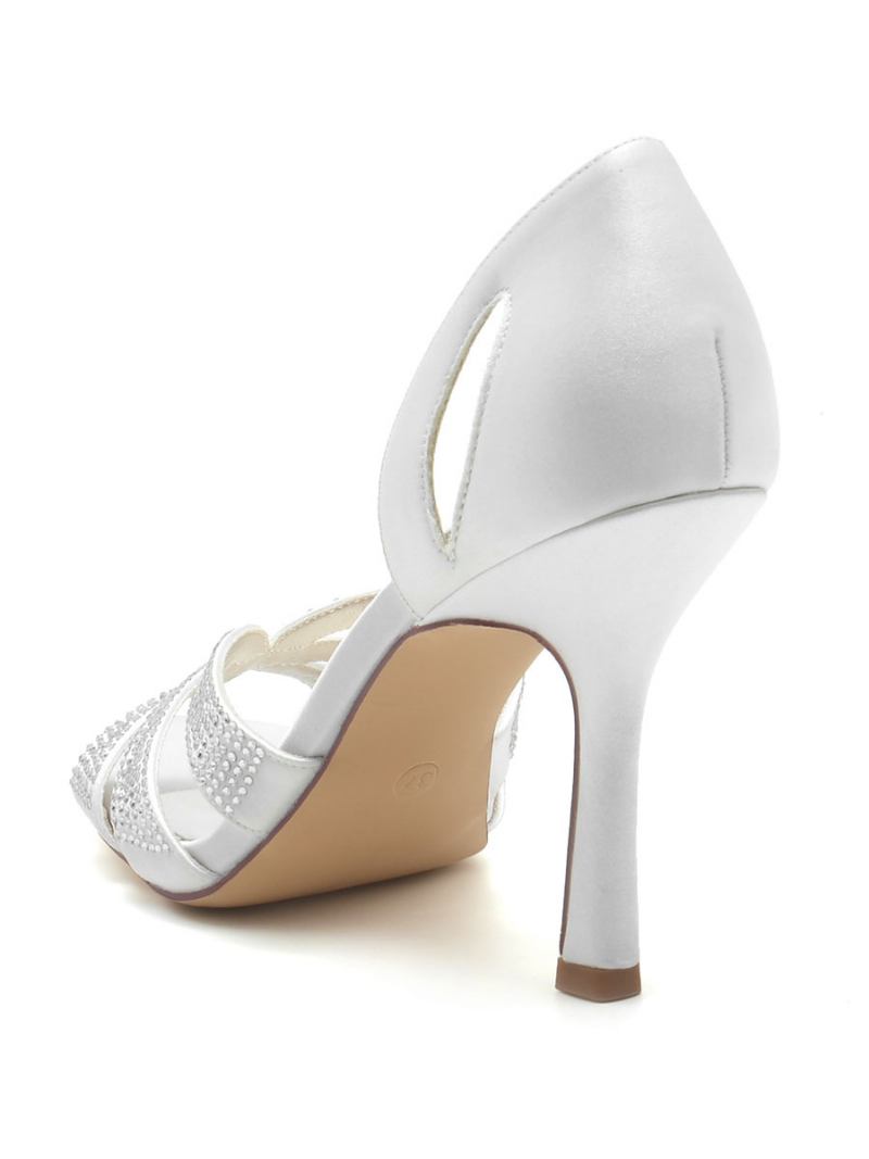 Sapatos Noiva Femininos Com Strass Seda E Cetim Peep Toe Salto Agulha - Branco