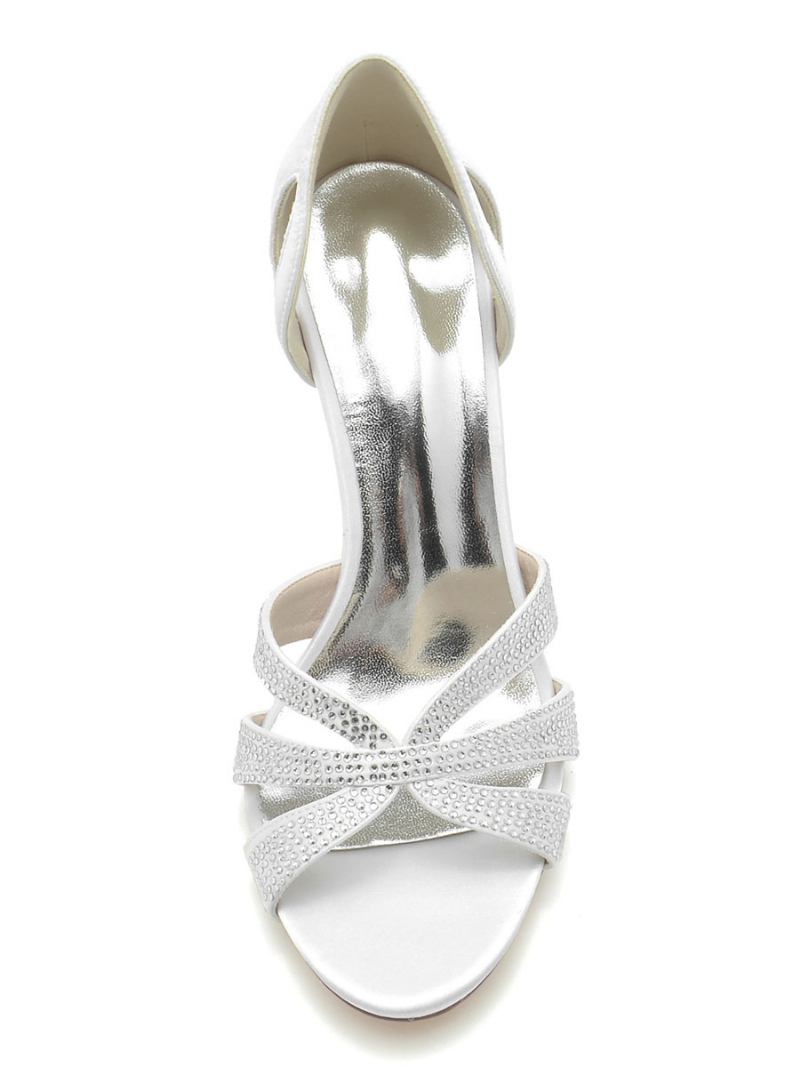 Sapatos Noiva Femininos Com Strass Seda E Cetim Peep Toe Salto Agulha - Branco